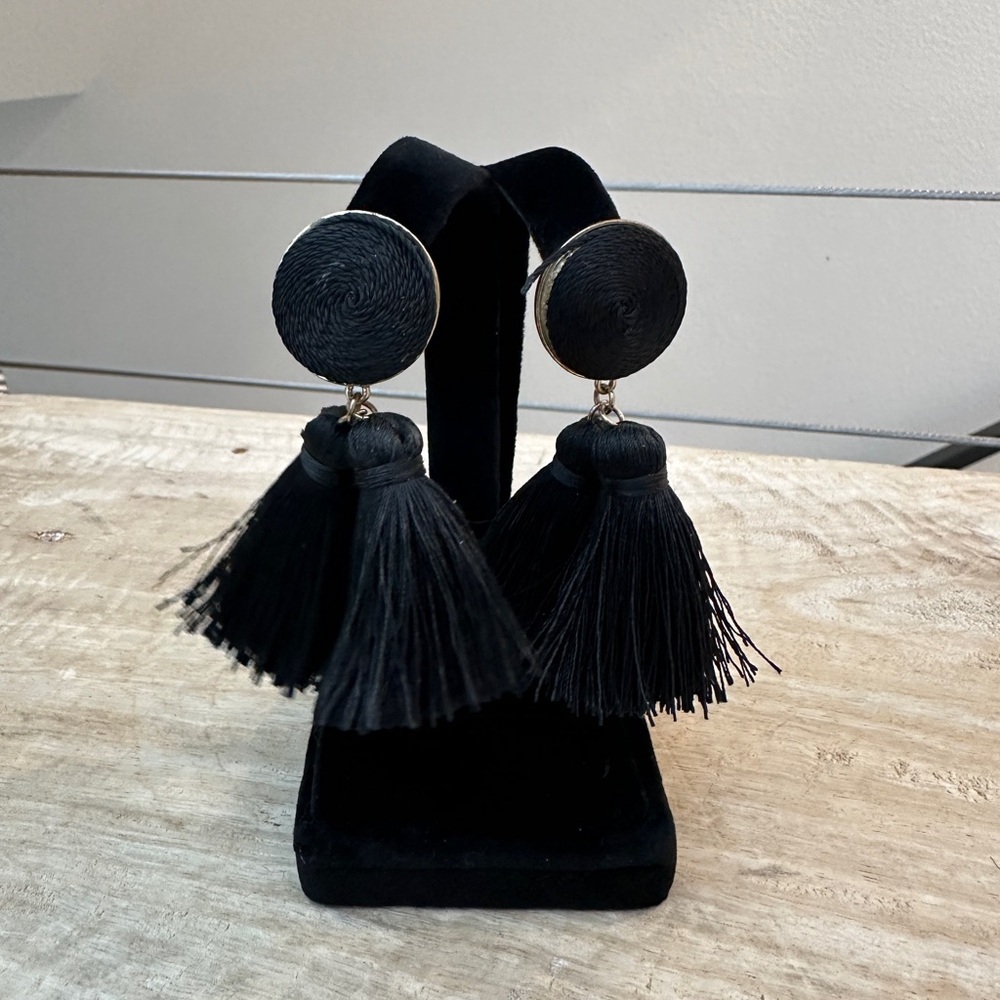 Black Tassel Statement Earrings Gold Disc Boho Fringe Drop Earrings Night Out